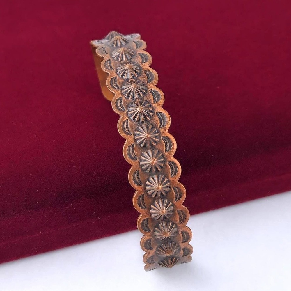 Vintage Copper Bell Copper Cuff Bracelet Southwestern Sunburst Stamped